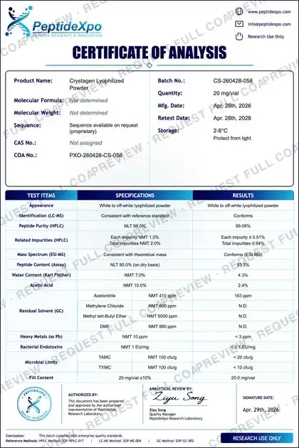 PeptideXpo Crystagen batch PXO-260428-CS-058 Certificate of Analysis preview
