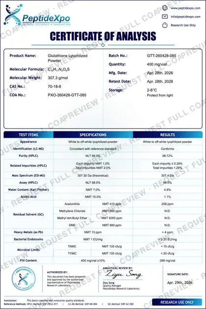 PeptideXpo Glutathione (GSH) batch PXO-260428-GTT-085 Certificate of Analysis preview