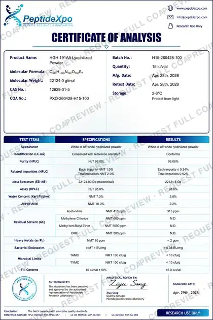PeptideXpo HGH (Somatropin, 191aa) batch PXO-260428-H15-100 Certificate of Analysis preview
