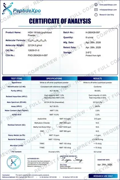 PeptideXpo HGH (Somatropin, 191aa) batch PXO-260428-H-097 Certificate of Analysis preview