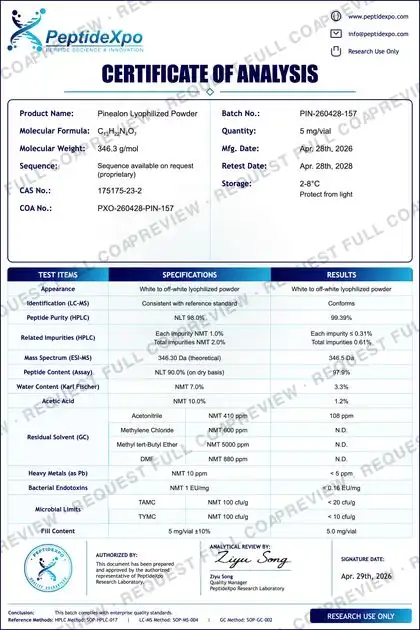 PeptideXpo Pinealon batch PXO-260428-PIN-157 Certificate of Analysis preview