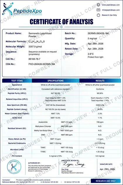 PeptideXpo Sermorelin batch PXO-260428-SERM5-184 Certificate of Analysis preview