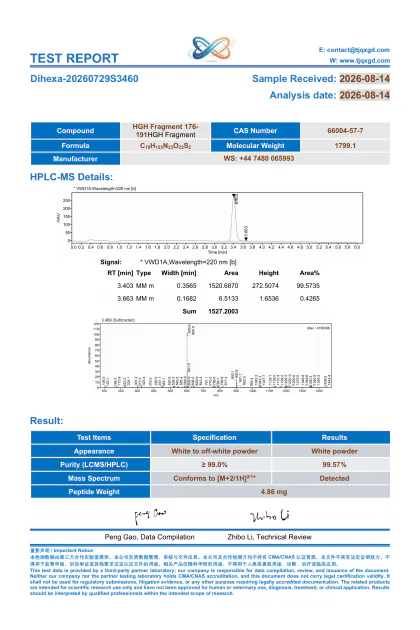 HGH Fragment 176-191 third-party analytical report FRAG5-20260814S6492 first-page preview