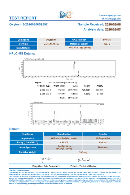 Oxytocin third-party analytical report OT5-20260806S9397 first-page preview