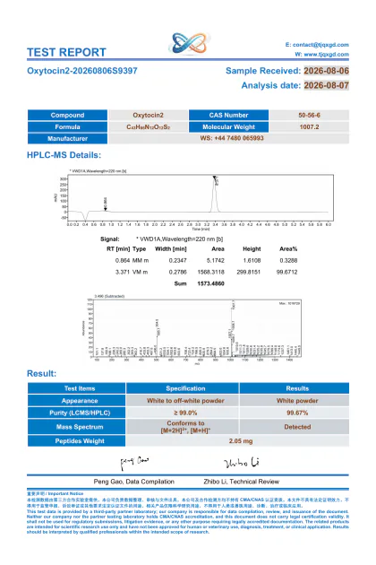 Oxytocin third-party analytical report OX2-20260806S9397 first-page preview