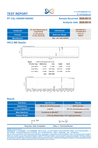 Retatrutide + Cagrilintide third-party analytical report RTCG10-20260814S6492 first-page preview