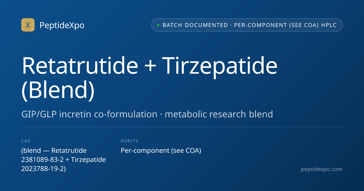 Retatrutide + Tirzepatide (Blend) ((blend — Retatrutide 2381089-83-2 + Tirzepatide 2023788-19-2)) · Per-component (see COA) HPLC · Per-Batch COA